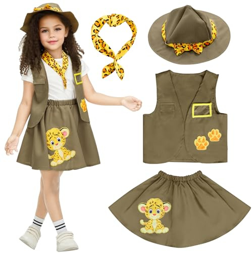 IKALI Kids Girls Zoo Keeper Costume Tiger Print Explorering Kit with Safari Vest & Hat