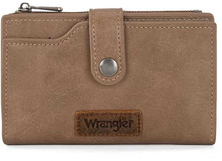 Wrangler Wallet for Women Bifold Card Holder with Zipper Pocket Ladies Clutch Purse with ID Window Gifts for Women Men Khaki WG119-W002KH