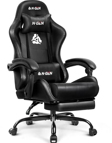 N-GEN GAMING Video Gaming Chair with Footrest Lumbar Support for Home Office High Back Recliner Height Adjustable Ergonomic Comfy Leather Computer Desk Chair (Black)