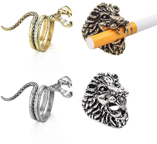 Anello per dito con serpente e leone per il portacigarette - 4 anelli portacigarette a forma di serpente e leone, accessori per l'estensione del dito durante la fuma, regali per uomini e donne