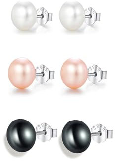 Hinvan 925 Sterling Silber Ohrringe - 3 Paar Schwarz Perlenohrstecker für Damen und Mädchen