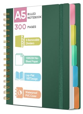 ihaspoko Cuaderno A5 con Separadores- Papel 100GSM Anti-Sangrado, 300 Páginas, Tapa Dura de PVC, Libreta de Proyectos Espiral para Escuela, Oficina y Regalos