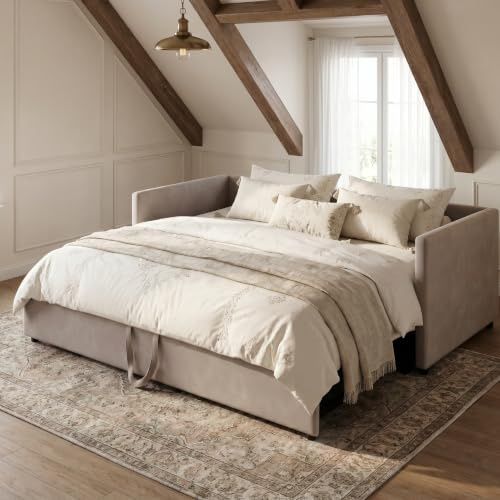 Dagsäng, utdragbar bäddsoffa, sammetstyg, stoppsäng, 90/180 x 200 cm, sängsoffa, utdragbar säng, soffa, utdragbar ungdomssäng, gästsäng med ribbotten, utan madrass, grå/beige (grå)