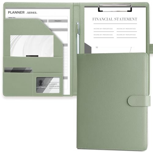 Mymazn Klemmbrett A4 mit Deckel, Mappe A4 Schreibmappe Klemmbrettmappe in Schwarz, PU-Leder Konferenzmappe A4 mit Dokumentenfächern, Stiftehalter und Magnetverschluss (Salbeigrün)