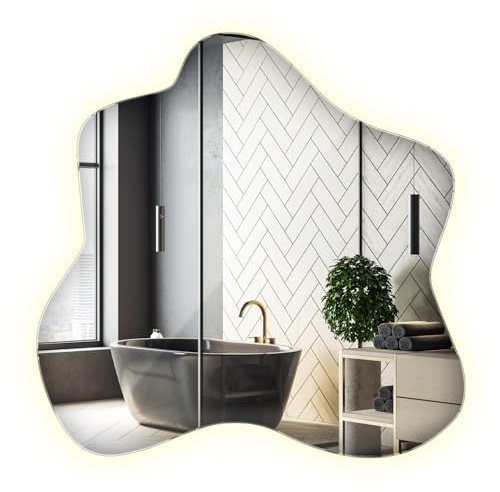 Miroir LED Mural 58x57,5 cm Irrégulier Forme Ondulée de Rasage pour Salle de Bain Salon Chambre Couloir Déco Intérieur Maquillage Organique avec Éclairage Style Industriel Lumière Neutre Bords Polis