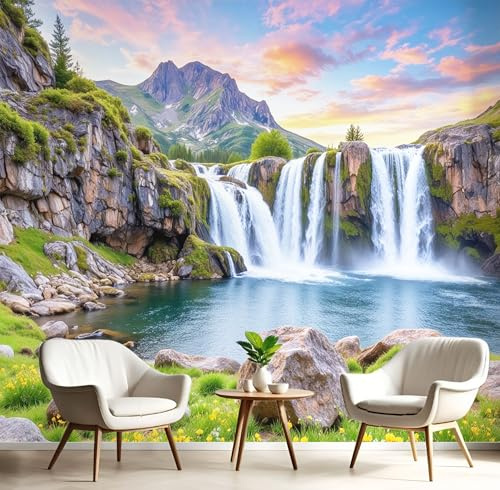 JEDTAKCT Papier Peint Panoramique Lac Cascade 400X280Cm - Murale Paysage Naturel - Tapisserie Murales Papier Peint Pour Chambre Salon - Sage Green Poster Tableaux Photo Muraux