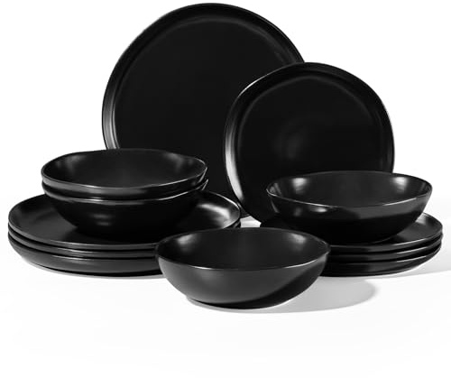 Homikit 12-Piece Dinner Set, Reactive Glaze Stoneware Dinnerware for 4 People, Irregular Shape Plates and Bowls, Non-Toxic & Scratch Resistant, Microwave and Dishwasher Safe - Obsidian Night