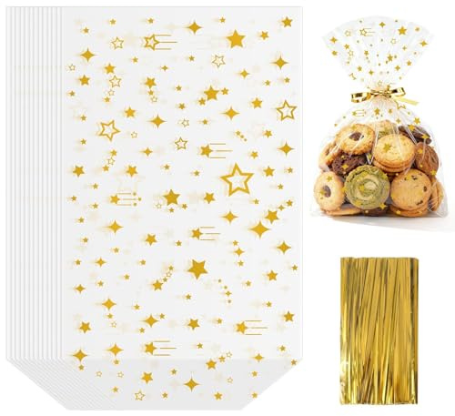 Anstore 100 st cellofanpåsar, 18 x 30 cm OPP-plast cellofan behandlingspåsar | Mat- och smörgåspåsar guldstjärna med vridband, stående bas klar presentpåse för godis, kakor, choklad, festgåvor