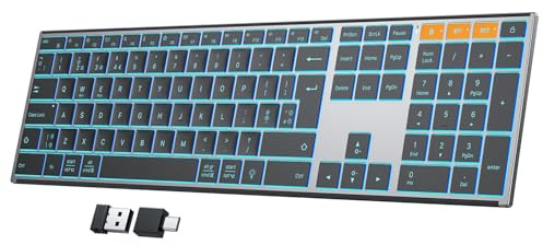 OMOTON Wireless Keyboard, Metal Case(2.4G+BT), Backlit Bluetooth Keyboard Rechargeable, Multi-Device, Silent Ergonomic QWERTY UK Layout for Windows/macOS/PC