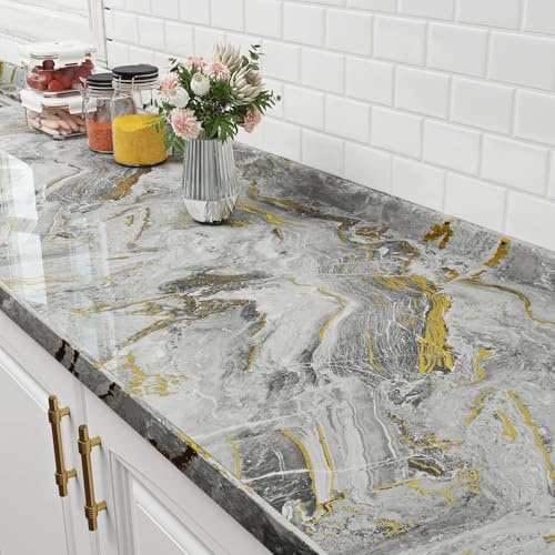 FunStick 60CMx5M Carta da Parati per Mobili Effetto Marmo Grigio Oro Liquido Paraschizzi Adesivo per Muro Cucina Carta Adesiva per Mobili Marmo Grigio Rivestimento Cucina Armadio Scrivania Tavolo Top