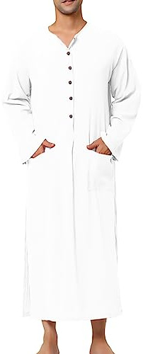 KBOPLEMQ Camisón de manga larga para hombre, parte superior de pijama con bolsillos y botones, ropa de dormir larga monocromática Thobe Loungewear de manga larga, pijama, ropa de noche, suelta, cómoda