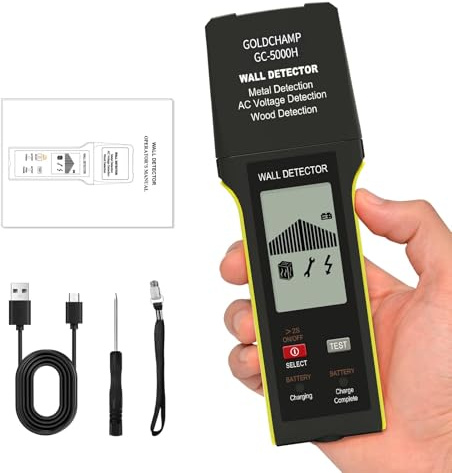Leitungssucher für Wände, Elektronischer Leitungssucher Ortungsgerät mit LCD-Display und Akustischem Alarm für Metall, Holz, Kabel, Stromführende Wechselstromkabel, Bewehrungsstahl, Balken, GOLDCHAMP