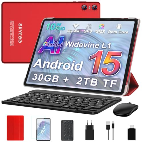 SKYEGG Android 15 Tablet 10 Zoll mit Gemini AI, 30 GB RAM + Erweiterbar auf 2 TB ROM, Widevine L1, 5G WLAN, 6000mAh, Octa-Core, 5MP + 8MP, BT 5.0, Tablet mit Tastatur + Maus, Rot
