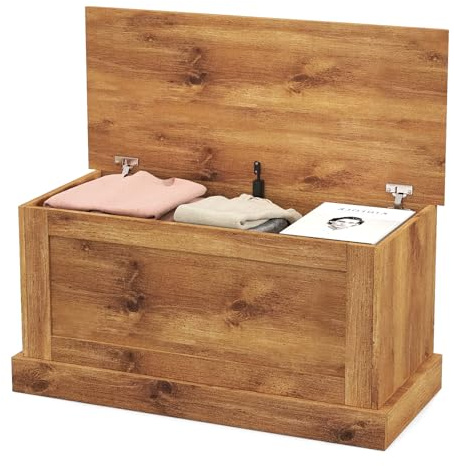 LOKO 35.5” Storage Chest, Lift Top Storage Box with Metal Hinges, Wooden Storage Bench with Safety Hydraulic Strut, Large Farmhouse Storage Trunk for Living Room, Bedroom, Entryway(Oak)