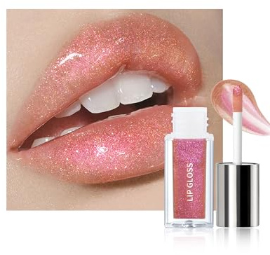 Rouge a Levre Pailleté, Rose Lip Gloss Hydratant Effet 3d Volume, Holographique Brillant à Lèvres avec Nuance Vaporeuse, Longue Tenue et Waterproof, Non Collant, Maquillage Pailleté pour Femmes-06