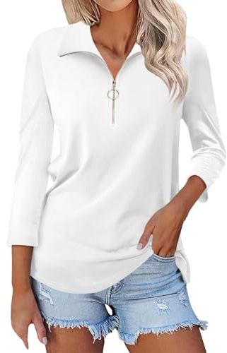 ZTFYKLIN Ropa Fiesta Mujer Camisas De Verano con Cuello En V Y Manga 3/4 para (White, S) Camiseta Blanca Tunica Larga Tops Tres Cuartos Top Azul Electrico Camisa Rayas Blusa Roja Blazer Blusas