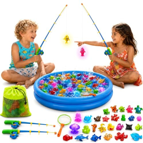 Juego de pesca XXL magnético con 5 peces LED luminosos – Juego de 2 juguetes acuáticos con piscina infantil – Mágica pesca nocturna en la piscina y jardín – Regalo de verano para niños a partir de 3