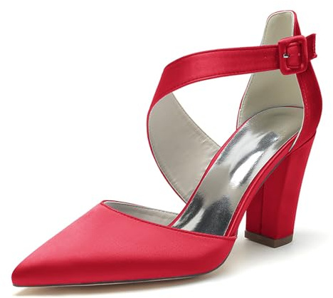 Zapatos De Vestir De Fiesta De Boda De Dedo Cerrado con Correas De Tobillo Grueso Bloque Talón De Negocios Oficina Tacones De Trabajo,Rojo,37 EU