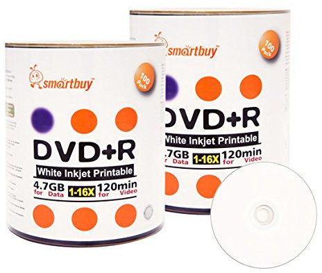 Smartbuy 200-disc 4.7gb/120min DVD+R White Inkjet Hub Printable Blank Disc