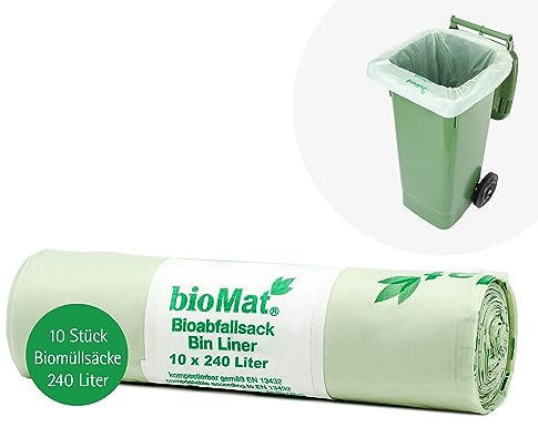 bioMat Sacchi per la Spazzatura 240l Compostabili, 10 Sacchi per Bidone dell’Umido, Bidone per Rifiuti Residui, Qualità Premium, Neutrali dal Punto di Vista Climatico, Made in Germany