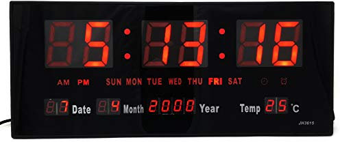 Starlet24 Orologio da parete a LED con timer, sveglia, calendario, snooze, temperatura, grande display a LED 36 x 15 cm (JH3615), di colore rosso