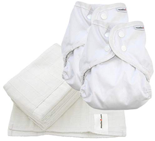 MuslinZ Reusable Cloth Nappy Bundle, Size 1 (Newborn to 6 Months), 2 x PUL Wrap/Covers with Double Gusset + 6 x 100% Cotton Muslin Prefolds (White)