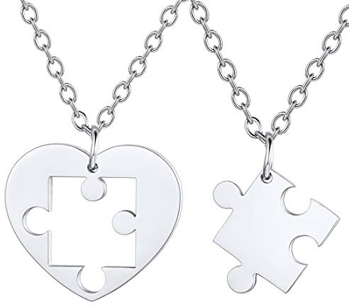 U7 BFF Jigsaw Necklace For 2 Girls Womens Puzzle Piece Pendant Couple Matching Necklaces Silver