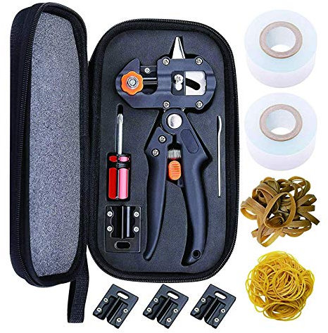 Garten Pfropfwerkzeug Set, Ratschenschere Garten,Obstbaum Pfropfschere Veredelungsschere Gartenschere Schneidwerkzeug Kit, Mit V + U + Ω Ersatzmesser, Pfropfbänder Und Gummibänder