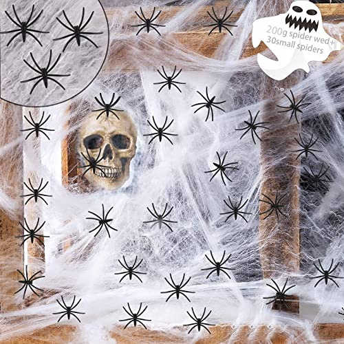 Booaee Halloween dekorationsset, halloween spindelnätsdekoration, 200 g spindelnät med 30 falska spindlar, skräckspindlar och vitt spindelnät, för halloweenfest och fester, dekoration, utomhusdörr, fönster, öppen spis