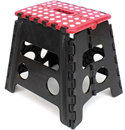 thesecrethome.es - Taburete Plegable Multiusos - Alto. 39,5 cm x Largo. 38 cm - Escalera Antideslizante - Altillo para Cocina o Baño - Reposapiés para Niños (Rojo Lunares)
