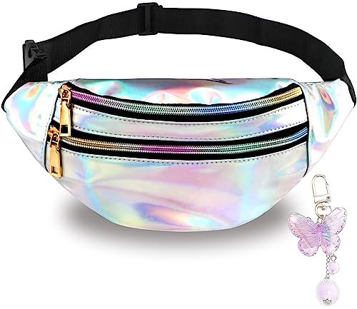 1 Gürteltasche Kinder Mädchen Bauchtasche Mädchen Bauchtasche Damen Glitzer Kinder Bauchtasche Mit Mode Wasserdicht Fügen einen Schmetterlings Schlüsselanhänger hinzu Holographic Jugendliche Silber