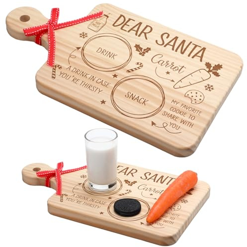 Sliner Santa Cookie Plate Wooden Christmas Cookie Plate Dear Santa Platter Treat Tray Mat Board Xmas Eve Christmas Child Gift for Milk and Snack Kids Xmas Decorations Supplies