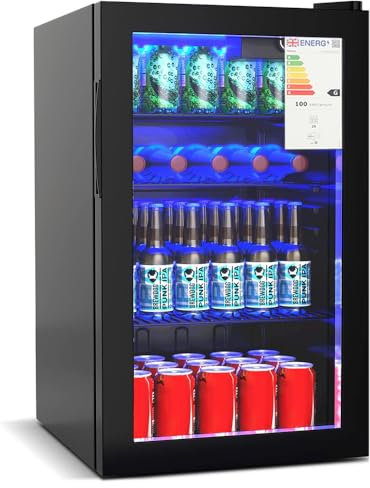 Panana Under Counter Beer & Drinks Fridge-90L Capacity,Holds up to 115 Cans, Premium Temperature Performance (2℃ to 15℃), Full Length Low-E Glass, Removable Shelves, LED Light, Low Noise(Black)
