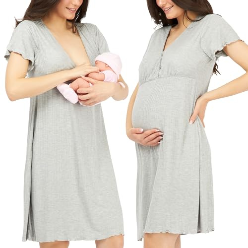 Womum Chemise de Nuit Allaitement, Chemise de Nuit Maternité, 3 en 1 Allaitement, Hôpital et Grossesse, Confort Maximal, Pyjama Allaitement Maternité, Pyjama Maternité Accouchement (S, Gris)