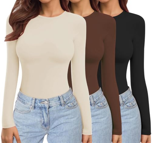 Ekouaer Womens Long Sleeve Tops Thermal Tee 1&3 Pack Black + Brown + Beige M