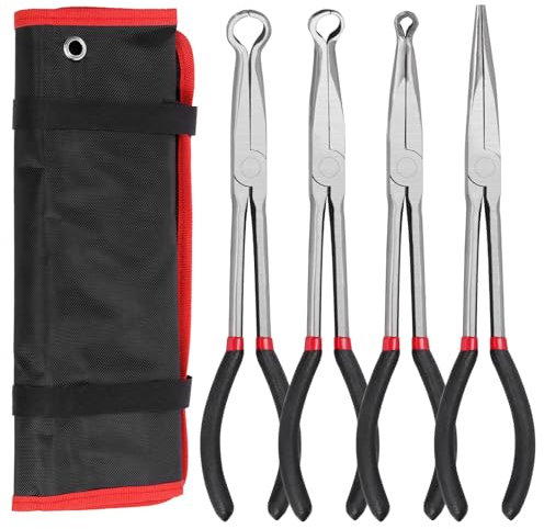 Swpeet Lot de 4 pinces à bec droites à longue portée de 28 cm avec pince à bec longue aiguille, 5/16-1/2-3/4 de diamètre en acier au carbone, tige de retrait de bottes, pointe en forme de O