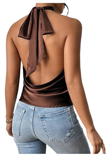 MakeMeChic Women's Satin Silk Backless Halter Tops High Neck Sleeveless Camisole Summer Classy Going Out Top Brown Medium