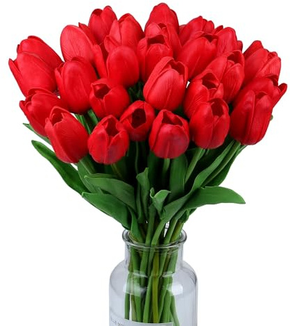 Wekuw 15 Pezzi Tulipani Finti Fiori Artificiali Realistici per Bouquet Tulipani Finti in Lattice,Tulipano per Fai da Te,Bouquet da Sposa,Hotel,Festa,Ufficio,Decorazioni per La Casa(Rosso)