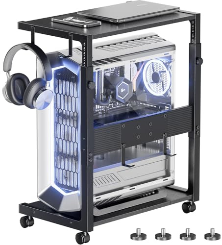 JANE EYRE Supporto per PC Tower - Supporto per PC Tower regolabile in altezza, supporto per CPU, carrello con ruote e 4 ganci per ufficio domestico e aula, 58,5-71,9 cm H, Nero