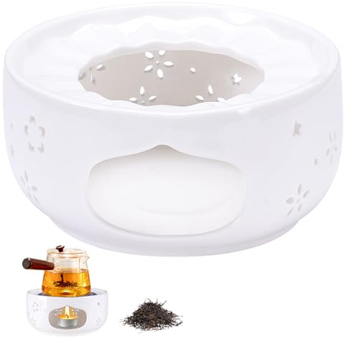 Stövchen für Teekanne, Keramik Teewärmer Weiß mit Hohl Geschnitztes Blumenmuster Design, Porzellan Teekannenwärmer für Tee, Kaffee und Milch