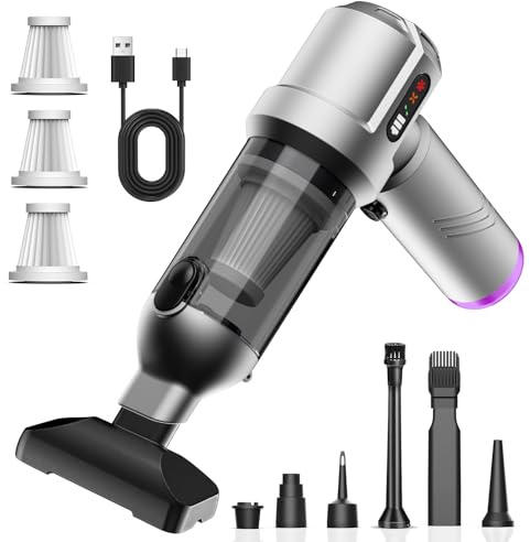 Handstaubsauger, 25000Pa Akku Handstaubsauger Kabellos, 4 in 1 Tragbar Akkustaubsauger mit Automatischer Entleerung 1 Taste, Wiederaufladbar Akku Staubsauger Stark für Auto Haus Haustier Haar（Silber）