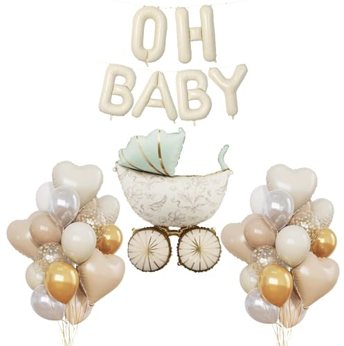 35 piezas de decoración para cumpleaños - Globo de aire Oh Baby, globo de foil con letras OH BABY en color crema, decoración para baby shower, decoración para fiesta de bebé, globo en forma de corazón