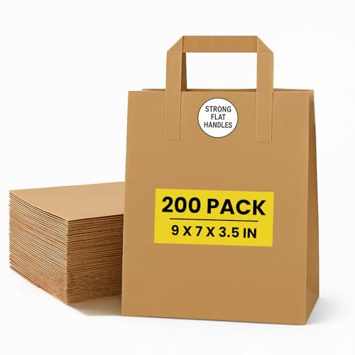 200x Small Kraft Brown Paper Bags with Handles (9 x 7 x 3.5 in) – Gift Bags | Strong SOS Carrier Bags for Takeaway, Grocery, Shopping, Lunch, Party, Catering, Recyclable, Biodegradable, Eco-Friendly
