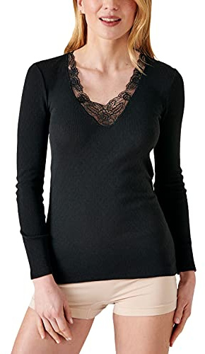 Damart - T-Shirt Manches Longues Maille Ajourée Thermolactyl, Femme, Noir, Taille L