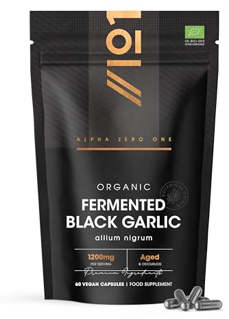 Organic Fermented Black Garlic 1200mg - 60 Vegan Capsules - Supports Heart Health - Resealable and Recyclable Pouch by Alpha01