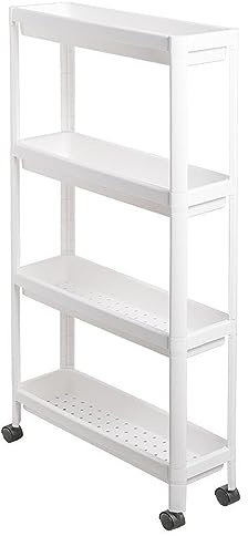VR7 Slim Shelving Unit 4 Tier Bathroom Storage Trolley Wheels Slim Kitchen Storage Rolling Cart Slide Out Under Stairs Narrow Plastic Storage Organising Rack Multi-Functional Space Saving Slim shelves