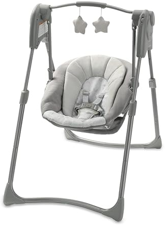 Graco Slim Spaces Compact Baby Swing, Space Saving Portable Bay Swing with Height Adjustable Legs & Soft Toys, Reign