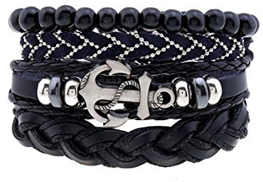 SBI Jewelry Navy Blue Anchor Leather Bracelet for Women Black Beaded Leather Friendship Braided Sister Family Wife Lover Mum Birthday