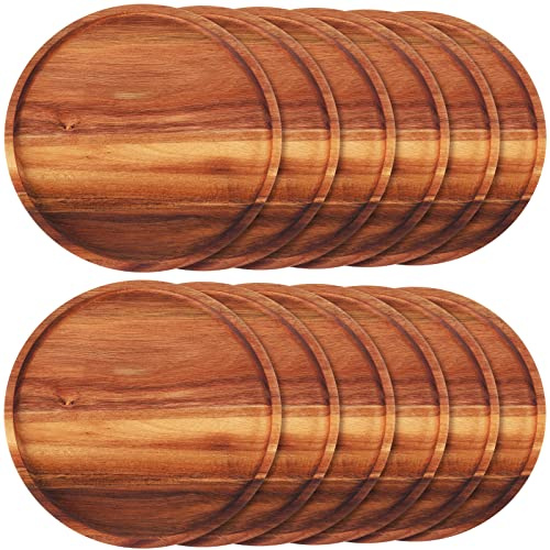Rtteri 12 Pcs Acacia Wood Dinner Plates Round Wood Dishes Wooden Charger Serving Tray Easy Cleaning Lightweight Unbreakable Classic Plate for Snack Dessert Housewarming Gift(0.95 Inches)