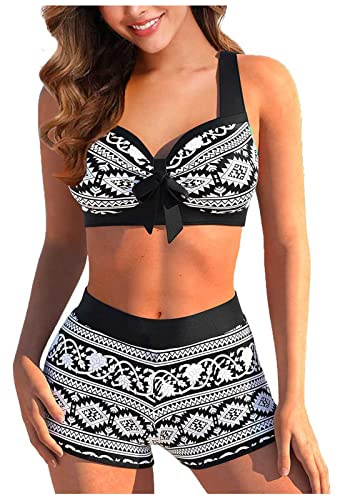 Maillot De Bain Menstruel Maillot Deux PièCes Femme Push Up Rembourré Grande Taille Bikini Vintage Imprimé avec Armature Et Culotte Taille Haute Maillot Bain VêTements Plage(01Noir,M)